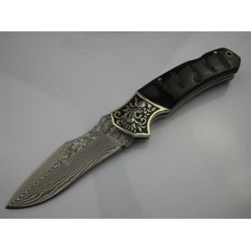 Damascus Blade Shanhua No. 1 -  Collection Folding Knife with Copper Antlers Horn Handle UD401203